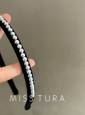 Miss Tura韩国进口黑色丝绒镶嵌珍珠窄发箍束发头箍发卡