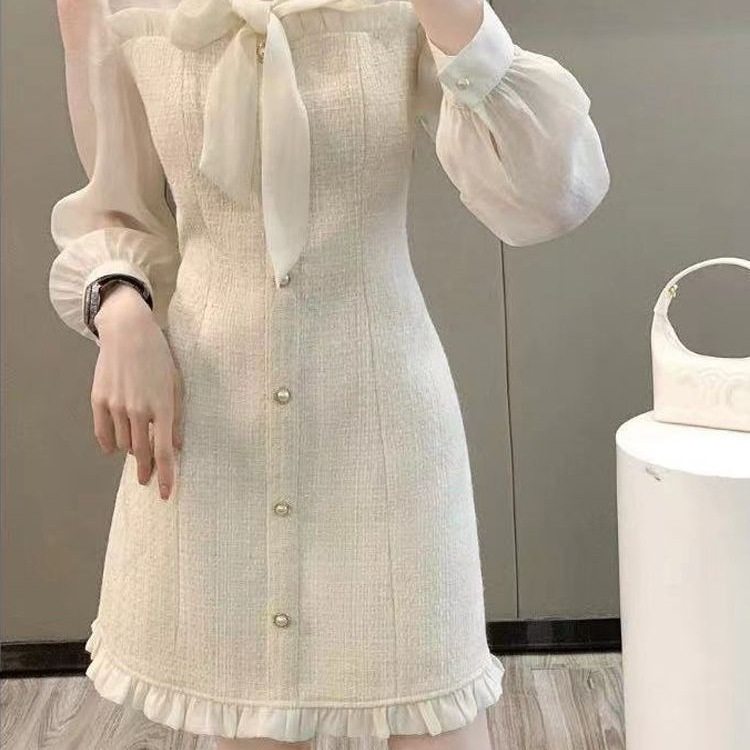 法式小香风连衣裙女杏色2025秋冬新款感名媛风百褶小众设计感