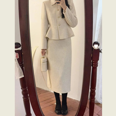 小个子毛呢套装女短款秋冬名媛小香风时髦呢子外套半身裙两件套