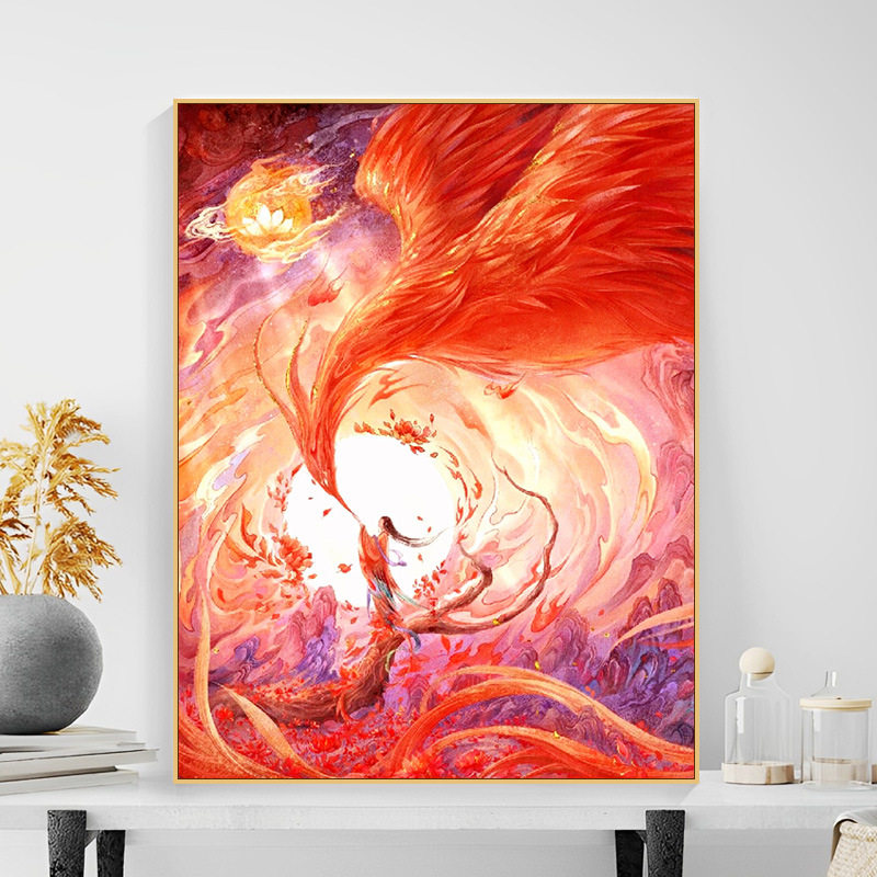 火凤凰数字油画diy 神兽朱雀手工填色油彩画解压涂色装饰画中国风