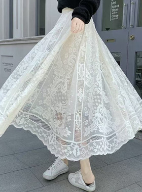 蕾丝网纱半身裙女装春夏新款高腰休闲中长款百搭显瘦仙女裙清凉款