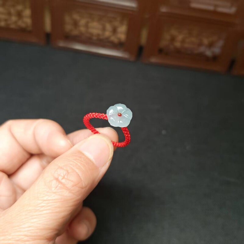 极简花朵翡翠戒指女士有钱花红绳编织绳富贵花开设计百搭指环饰品