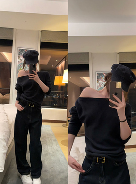 【现货4折】咖喱汤汤TGL【古早韩味】慵懒风羊毛混纺斜肩针织上衣