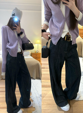 【现货4折】咖喱汤汤TGL【加绒原牛】加厚高腰阔腿直筒牛仔裤显瘦