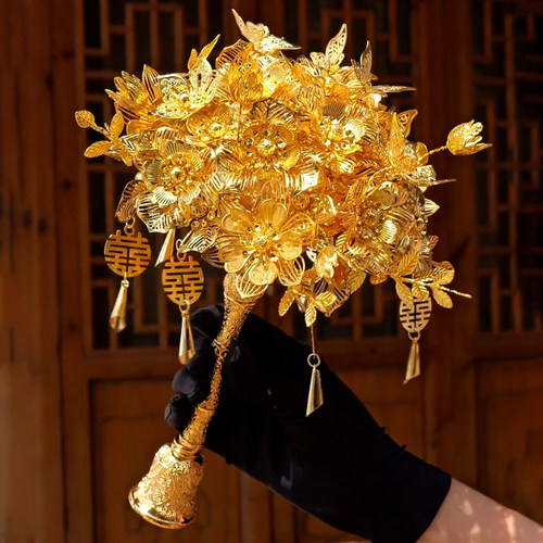 金色新娘结婚手捧花diy材料包婚礼秀禾服婚纱成品金属玫瑰花束