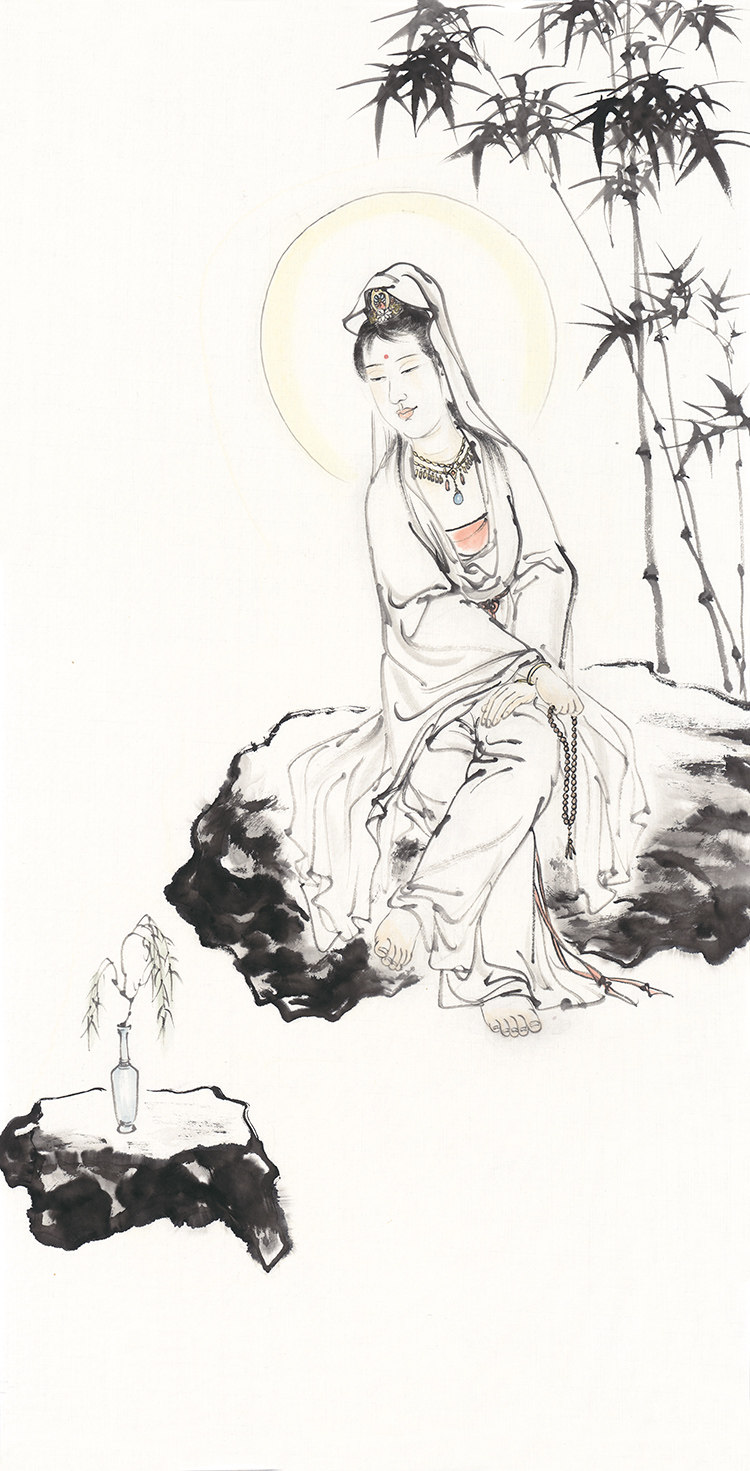胡文奇观音像国画水墨画竖版宣纸画心微喷复制画人物画装饰画