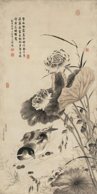 清张若霭莲塘浴鸭图68x135cm四尺竖幅荷花鸳鸯国画水墨复制画装饰