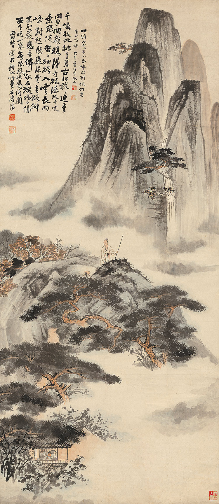 张大千拟石涛山水图国画山水竖幅原大高清微喷复制版画客厅玄关画