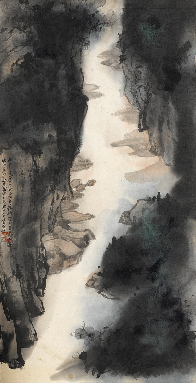 张大千小桥流水图国画山水竖幅原大高清微喷复制版画客厅玄关中式