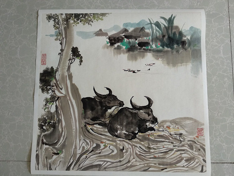 吴冠中双牛图纸本国画斗方花鸟走兽真迹复制画名画水墨写意装饰画