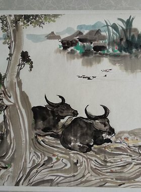 吴冠中双牛图纸本国画走兽复制画