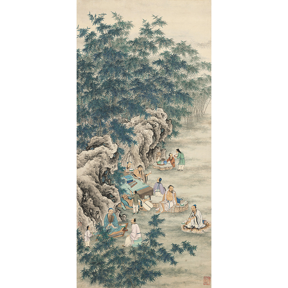 夏荆山-045竹林七贤图工笔人物竖幅复制品字画宣纸画装饰画