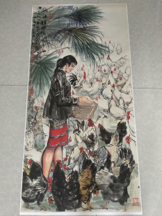 黄胄饲鸡图四尺条幅国画人物原大高清微喷复制版画装饰临摹欣赏