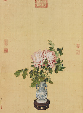 清郎世寧畫瓶花国画真迹一比一复制画绢布画心中式装饰画