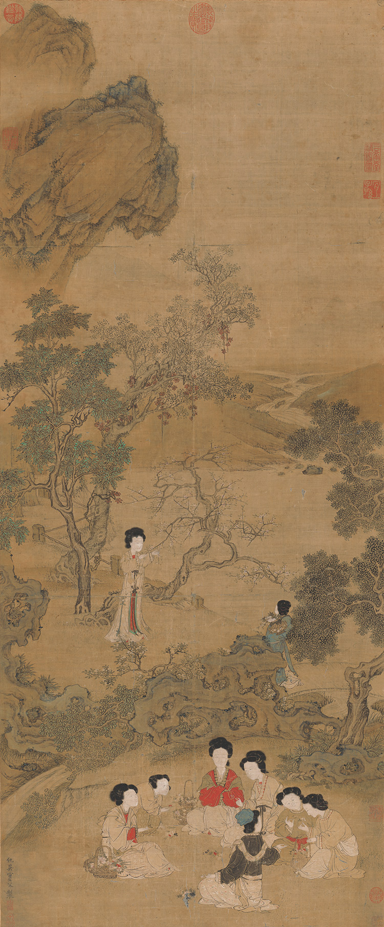 明四家仇英仕女图绢本原大复制画版画仿古画人物条幅装饰画临摹