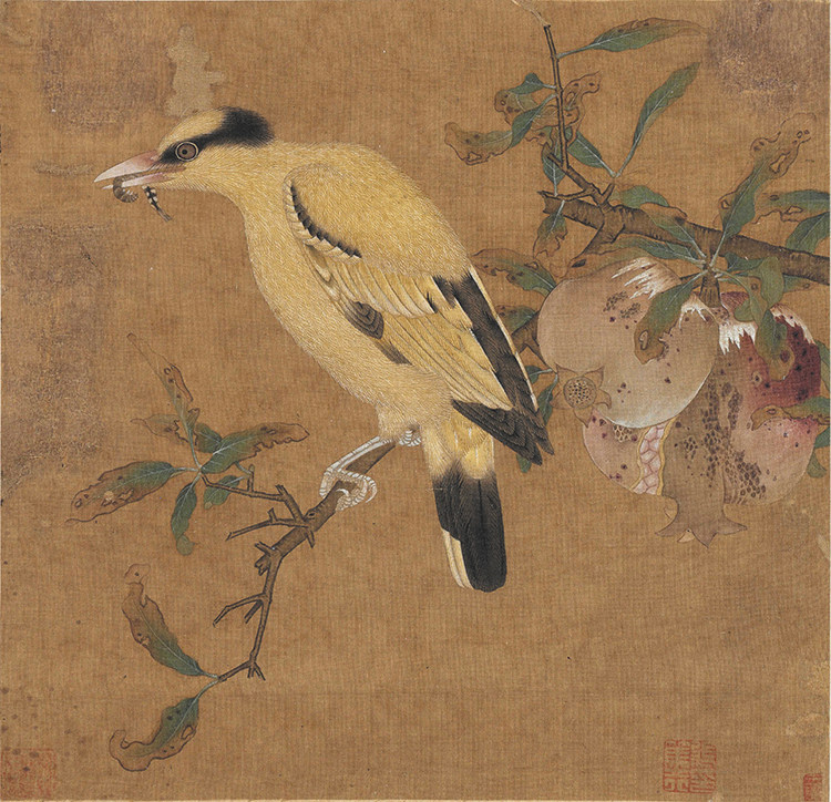 榴枝黄鸟图宋代国画古画复制品花鸟画绢画装饰画临摹画稿
