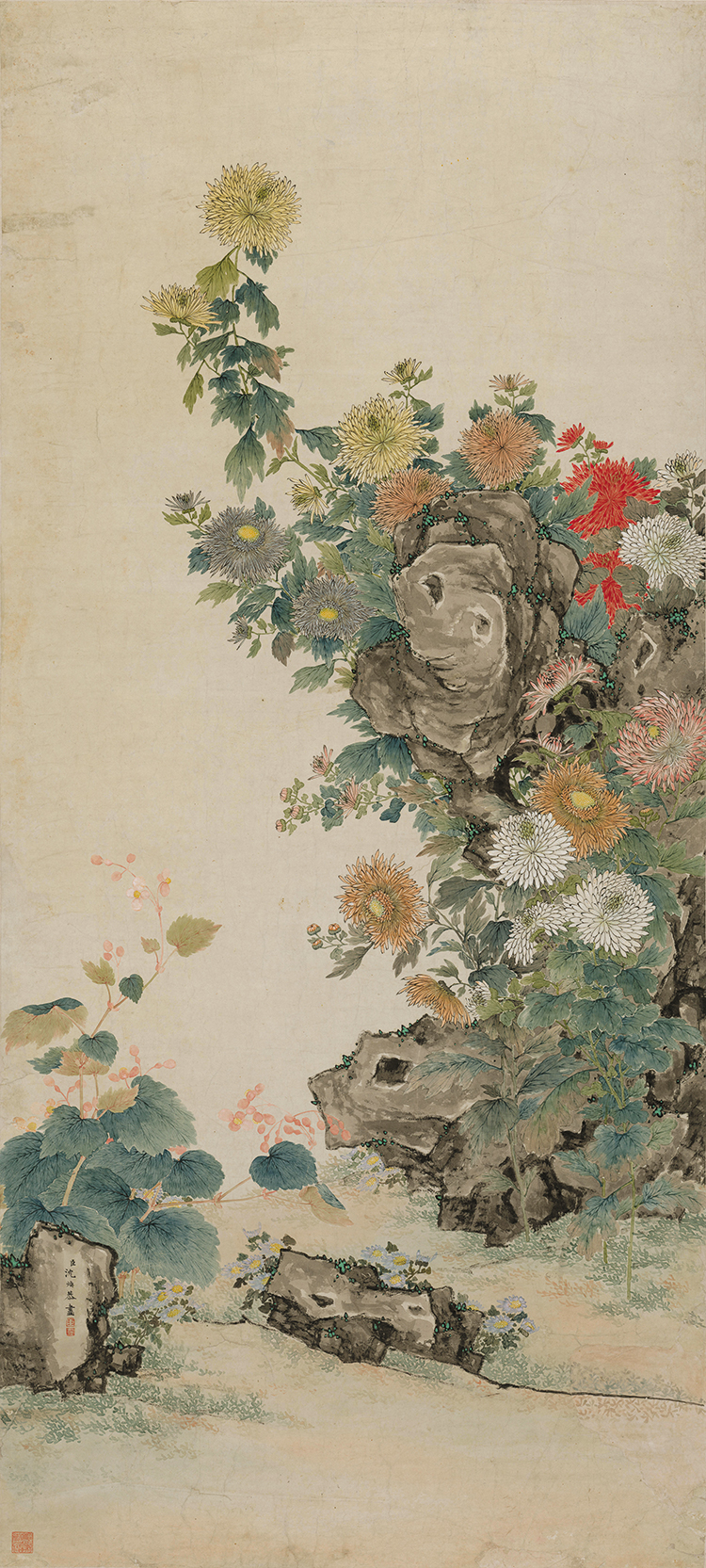 清沈焕菊石海棠图国画花鸟艺术微喷复制画宣纸画芯高清装饰画