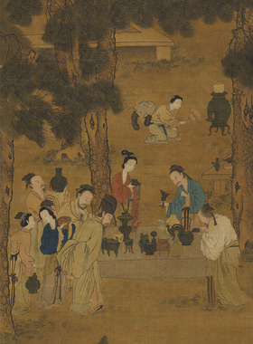 宋劉松年博古圖台北故宫藏一比一复制品字画绢布画客厅仿古装饰