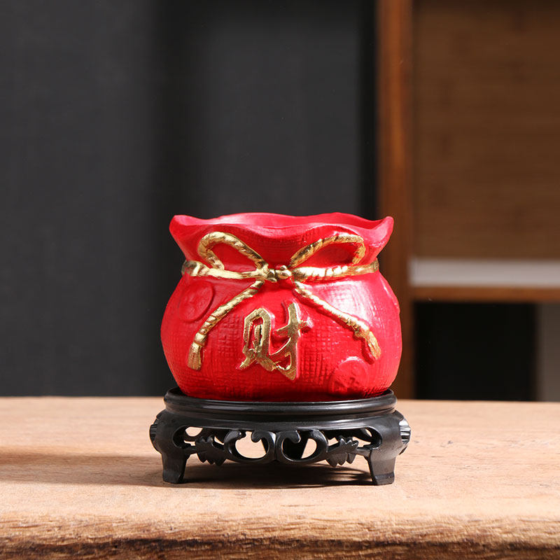 办公室红色多肉花盆托盘小发财树灵芝蝴蝶兰绿植客厅家用陶瓷摆件