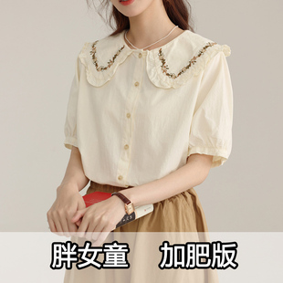 胖女童娃娃领短袖衬衫夏季加肥加大女大童胖女孩民族刺绣开衫半袖