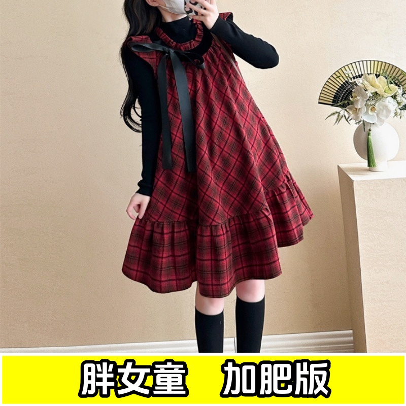 胖女童连衣裙秋款加肥加大中大童胖女孩蝴蝶结荷叶边甜美无袖裙子