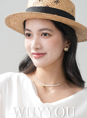 WUYYOU法式镂空方格草编帽子天然拉菲草平顶帽女春夏季遮阳帽出游