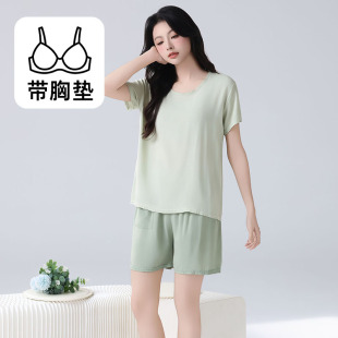 家居服套装 夏时家 短裤 绵绸短袖 女人造棉居家睡衣两件套女 胸垫款