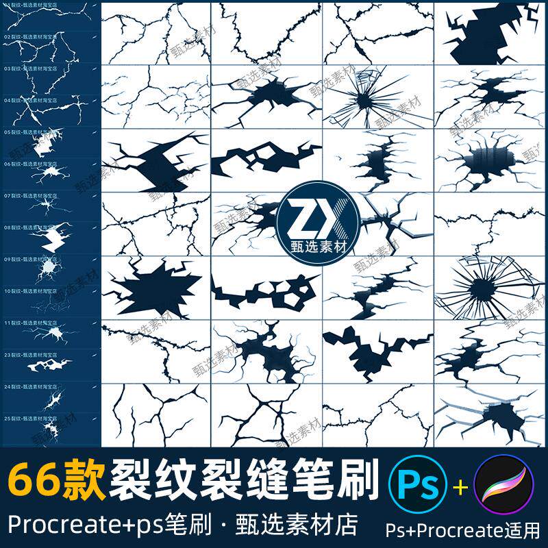ps笔刷procreate笔刷逼真地面裂缝墙体裂纹裂痕爆裂土地破裂干裂