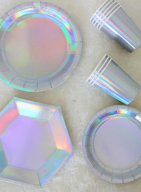 纸盘一次性盘子茶歇盘生日蛋糕刀叉碟组合餐具镭射纸盘478910寸