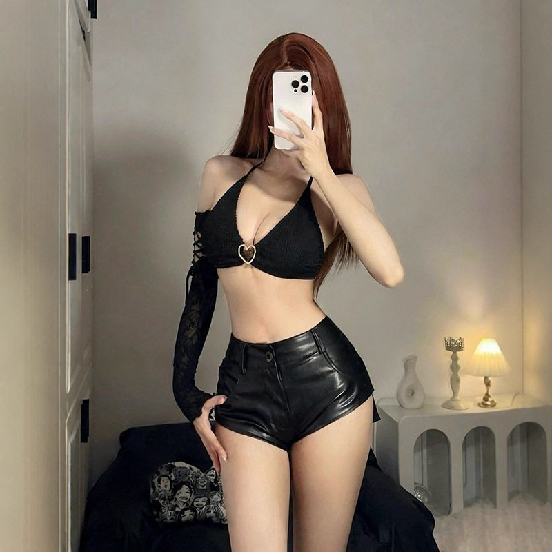 跳舞heels高腰黑色皮裤露臀短裤