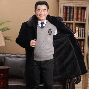 老人大衣男冬季加绒加厚外套中老年男装保暖呢子风衣爸爸毛领棉衣