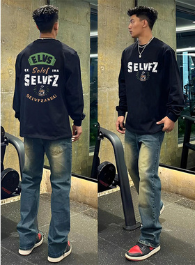 特大码300斤纯棉长袖T恤男士痞帅潮牌美式复古重磅大码男装打底衫