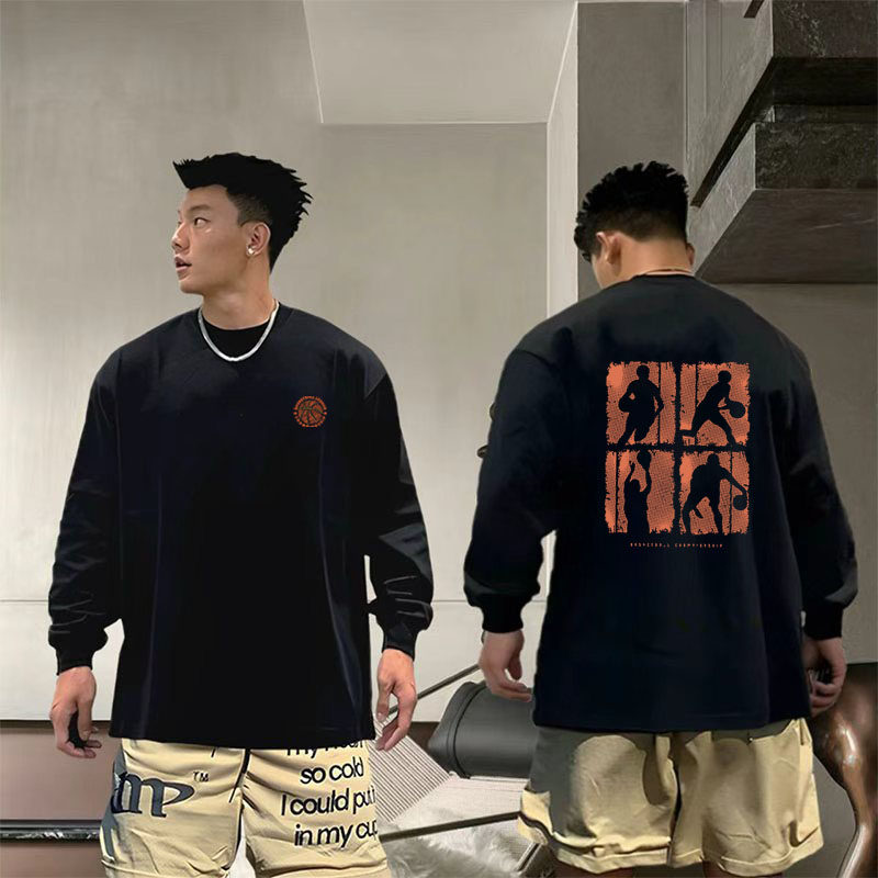 特大码300斤美式痞帅纯棉男款t恤长袖青少年夏季潮牌圆领上衣印花