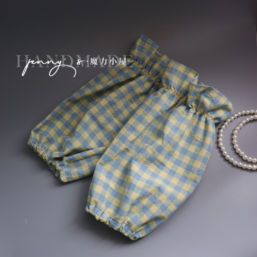 手工纯棉格子袖套女士中长花边款羽绒服防脏护袖办公烘焙百搭薄款