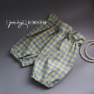 手工纯棉格子袖套女士中长花边款羽绒服防脏护袖办公烘焙百搭薄款