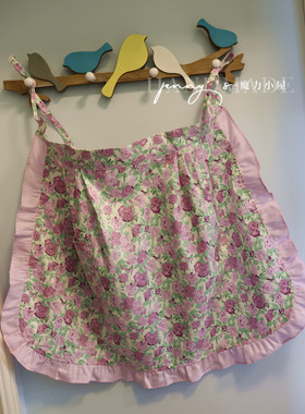 夏日新款襜裳手工围裙紫色玫瑰棉布花边少女心围腰家居工作围兜