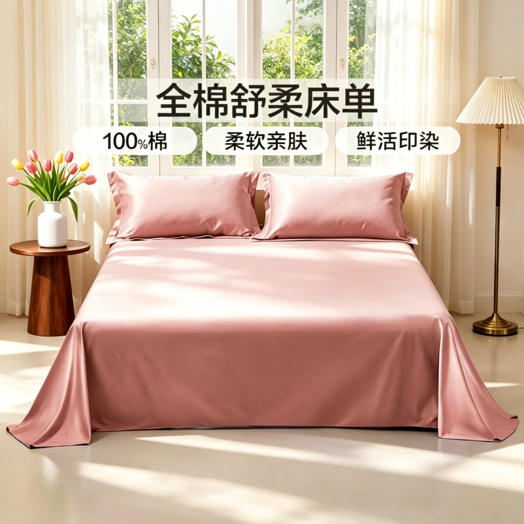 富安娜出品馨而乐纯棉床单单件100%全棉床单双人粉色床单学生宿舍