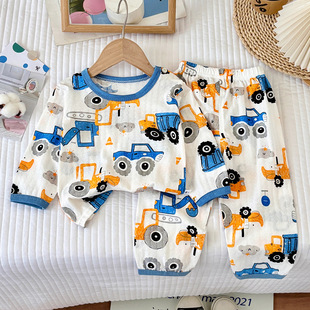 2026夏季 男童睡衣纯棉100%儿童工程车挖掘机卡车家居服宝宝秋衣裤