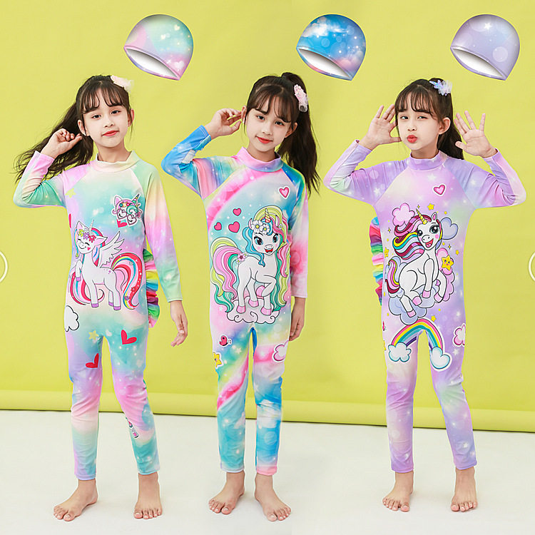 儿童连体泳衣速干女童独角兽美人鱼彩虹猫咪泳衣防晒女孩长袖泳装