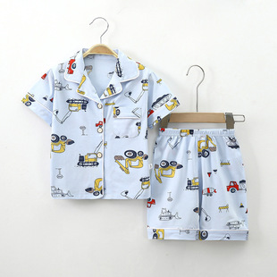 2025夏款儿童开衫睡衣纯棉男童工程车挖掘机挖土机汽车家居服学生