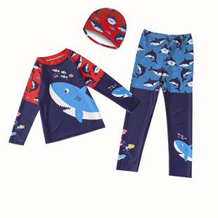 儿童分体泳衣速干长袖 儿童海洋小鱼鲨鱼巨齿鲨泳衣小男孩防晒泳装
