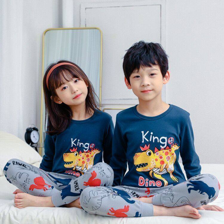 春秋季韩版儿童睡衣纯棉男童霸王龙小怪兽秋衣秋裤女孩恐龙内衣服