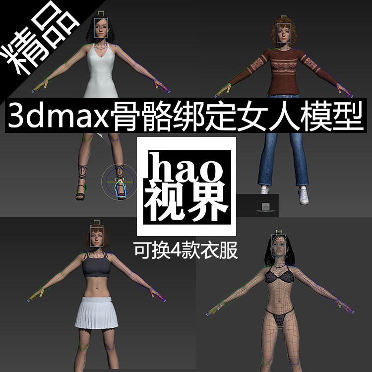 3dmax女性精模人物带BIP骨骼绑定可换服装发型动作带表情控制