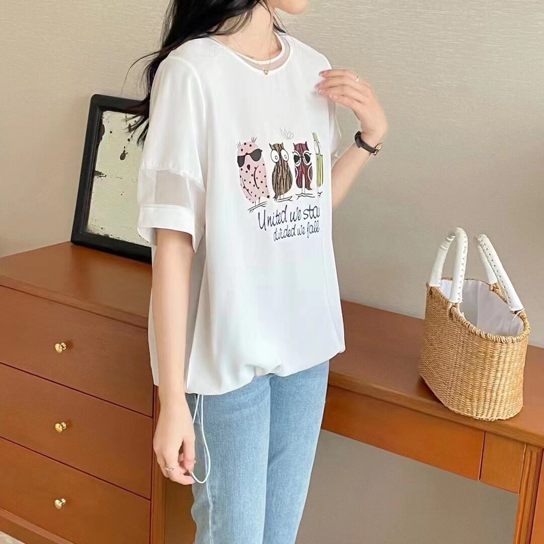 2023韩国东大门女装夏季清爽透气甜美减龄短袖T恤卡通猫头鹰印花