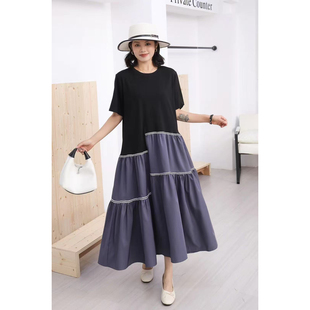 2025夏季新款大码时尚高腰胖mmT恤裙拼接中长款休闲大摆连衣裙