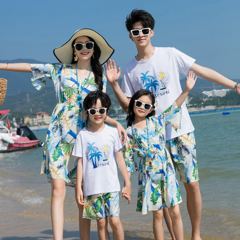 沙滩亲子装情侣夏一家三口装海边度假四口全家洋气父子母女连衣裙