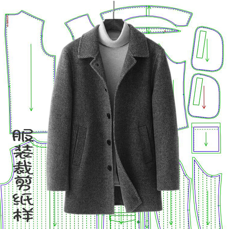 男士双面呢中长款呢子大衣裁剪图