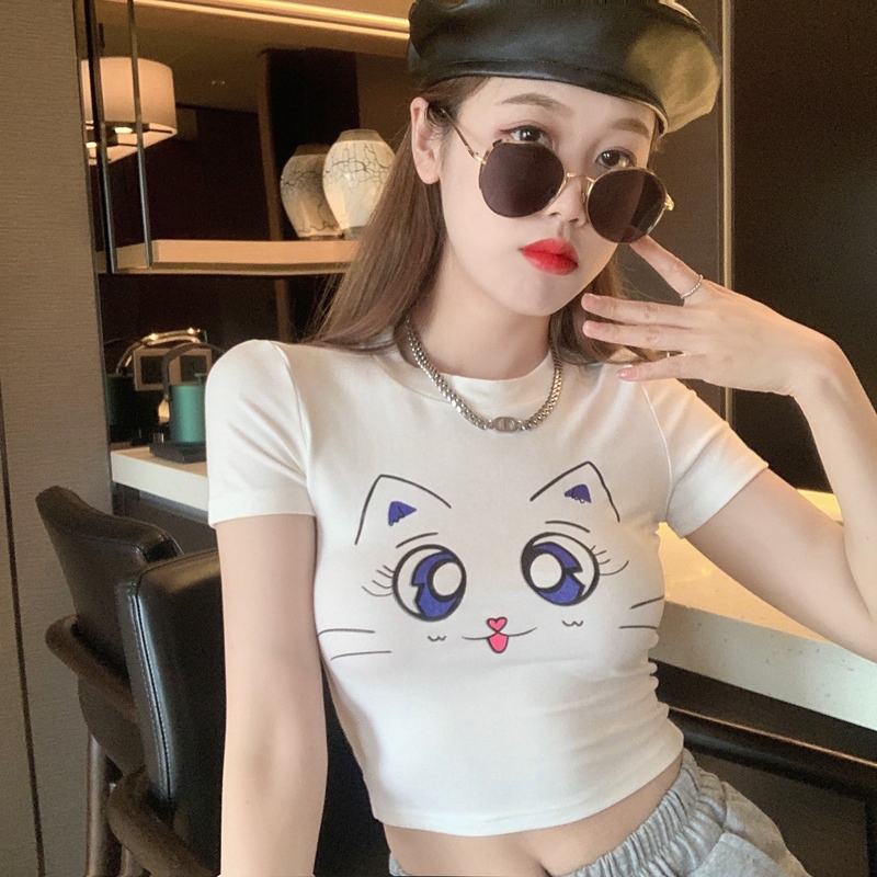 Real shot sweet girl Short Sleeve T summer navel bottom Shirt Short ins net red cute top