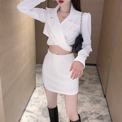 Real shooting of designer's open waist suit Hepburn suit fashion cross top wrap hip skirt two-piece set