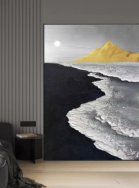 纯手工肌理黑白沙滩海景油画
